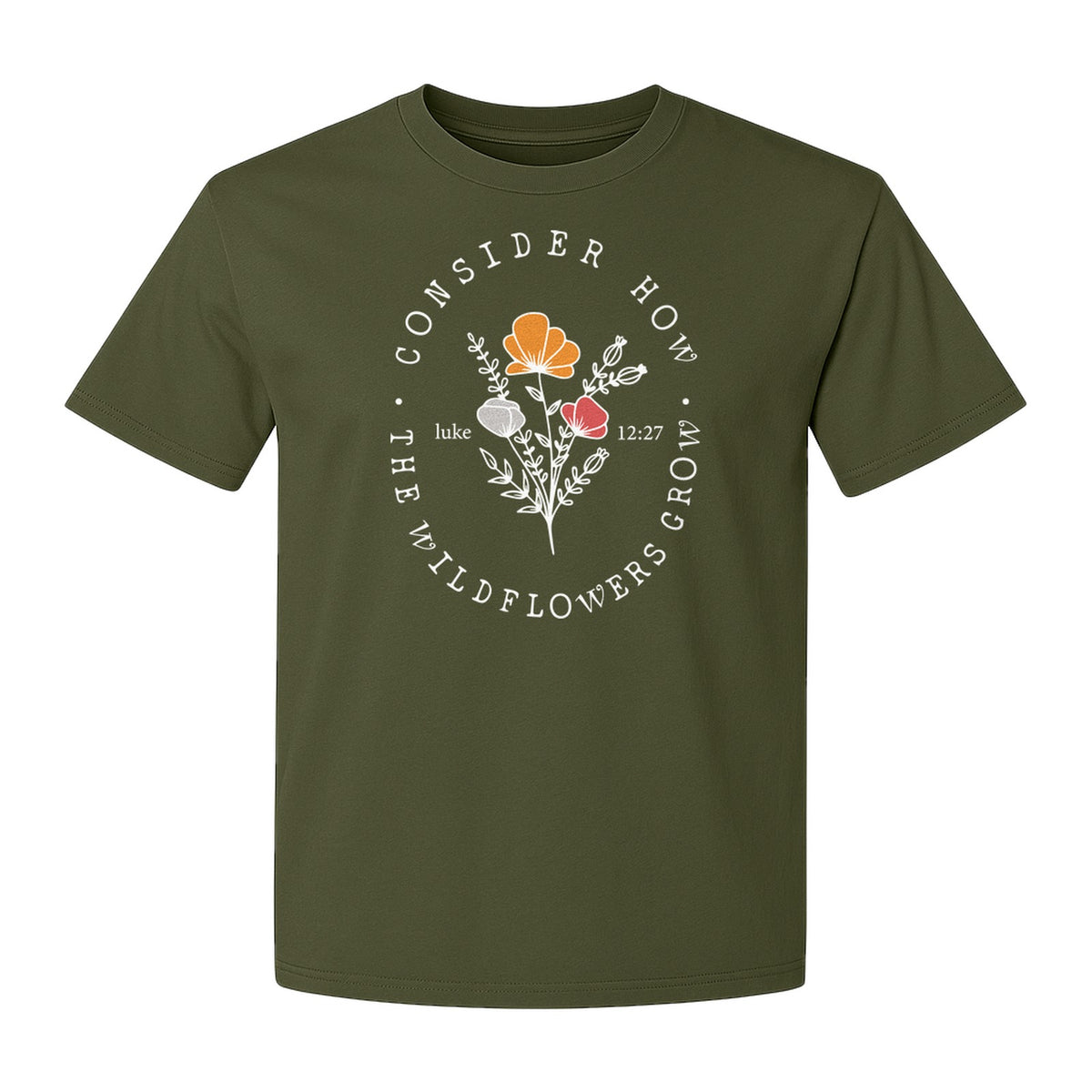 Christian T-Shirt, Wildflower Luke 12:27 Scripture Design for Women and Faith Gifts