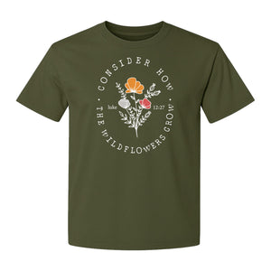 Christian T-Shirt, Wildflower Luke 12:27 Scripture Design for Women and Faith Gifts