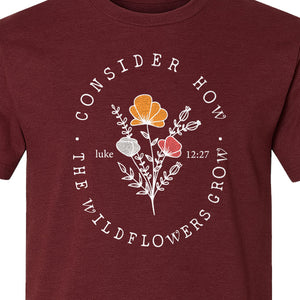 Christian T-Shirt, Wildflower Luke 12:27 Scripture Design for Women and Faith Gifts