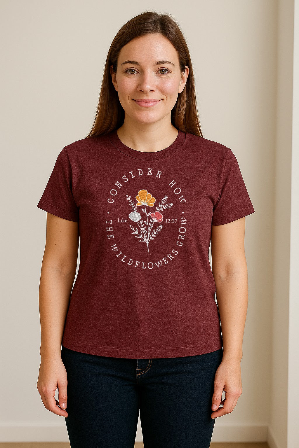 Christian T-Shirt, Wildflower Luke 12:27 Scripture Design for Women and Faith Gifts