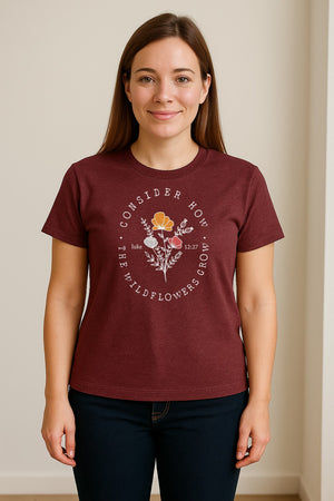 Christian T-Shirt, Wildflower Luke 12:27 Scripture Design for Women and Faith Gifts