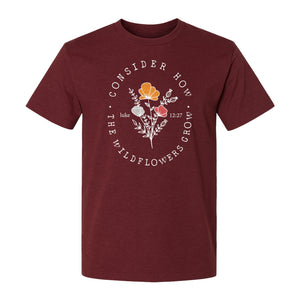 Christian T-Shirt, Wildflower Luke 12:27 Scripture Design for Women and Faith Gifts