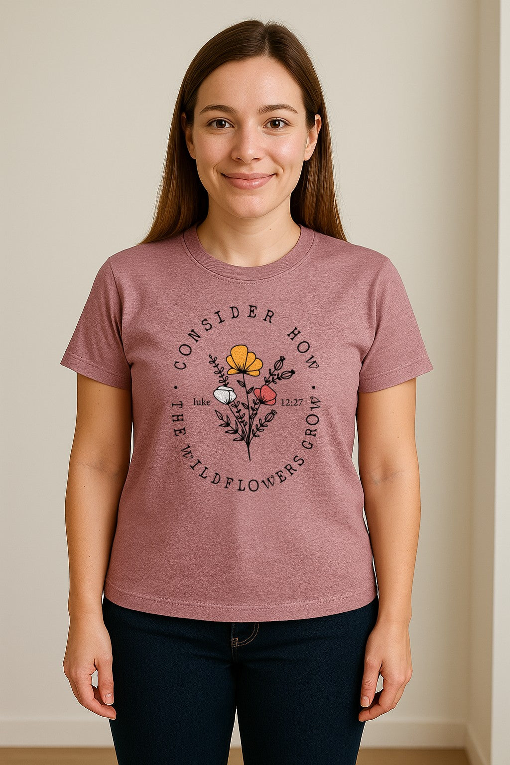 Christian T-Shirt, Wildflower Luke 12:27 Scripture Design for Women and Faith Gifts