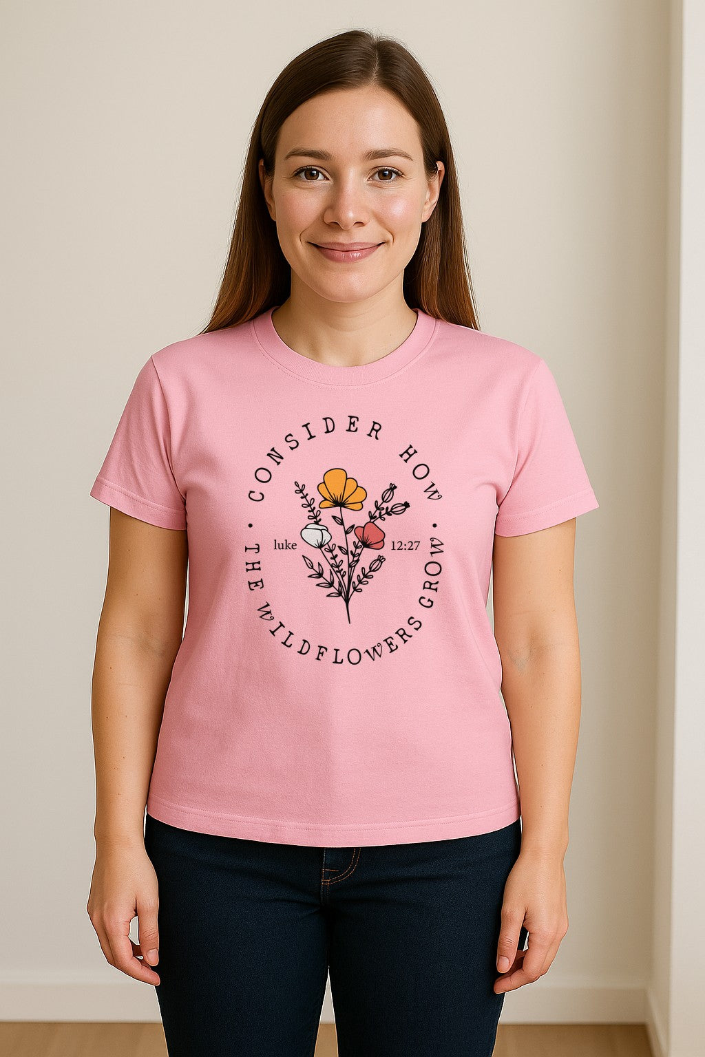 Christian T-Shirt, Wildflower Luke 12:27 Scripture Design for Women and Faith Gifts