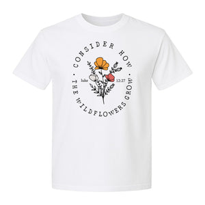Christian T-Shirt, Wildflower Luke 12:27 Scripture Design for Women and Faith Gifts