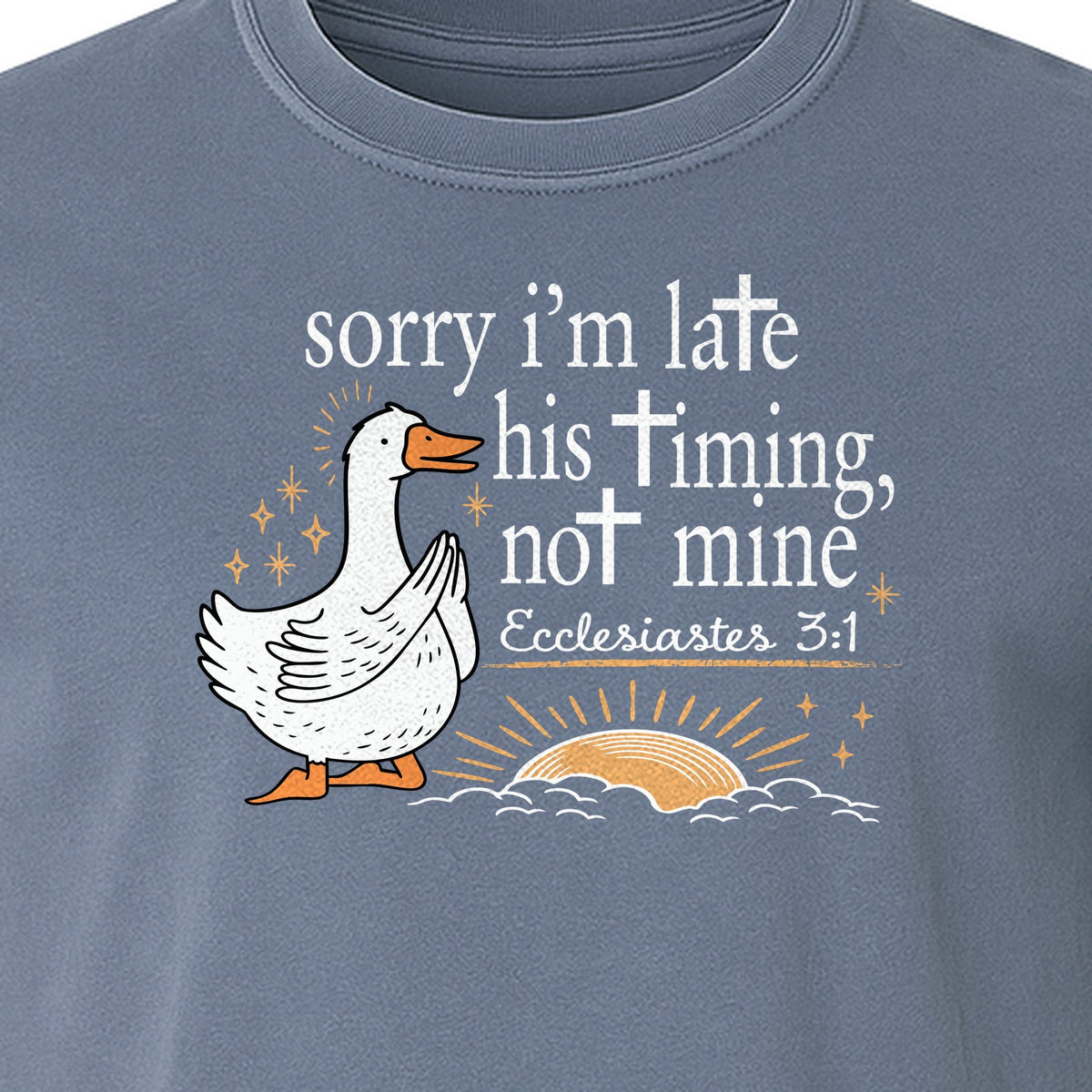 Christian Comfort Colors T-Shirt, Sorry I'm Late His Timing Not Mine Goose with Ecclesiastes 3:1 for Faith Gifts