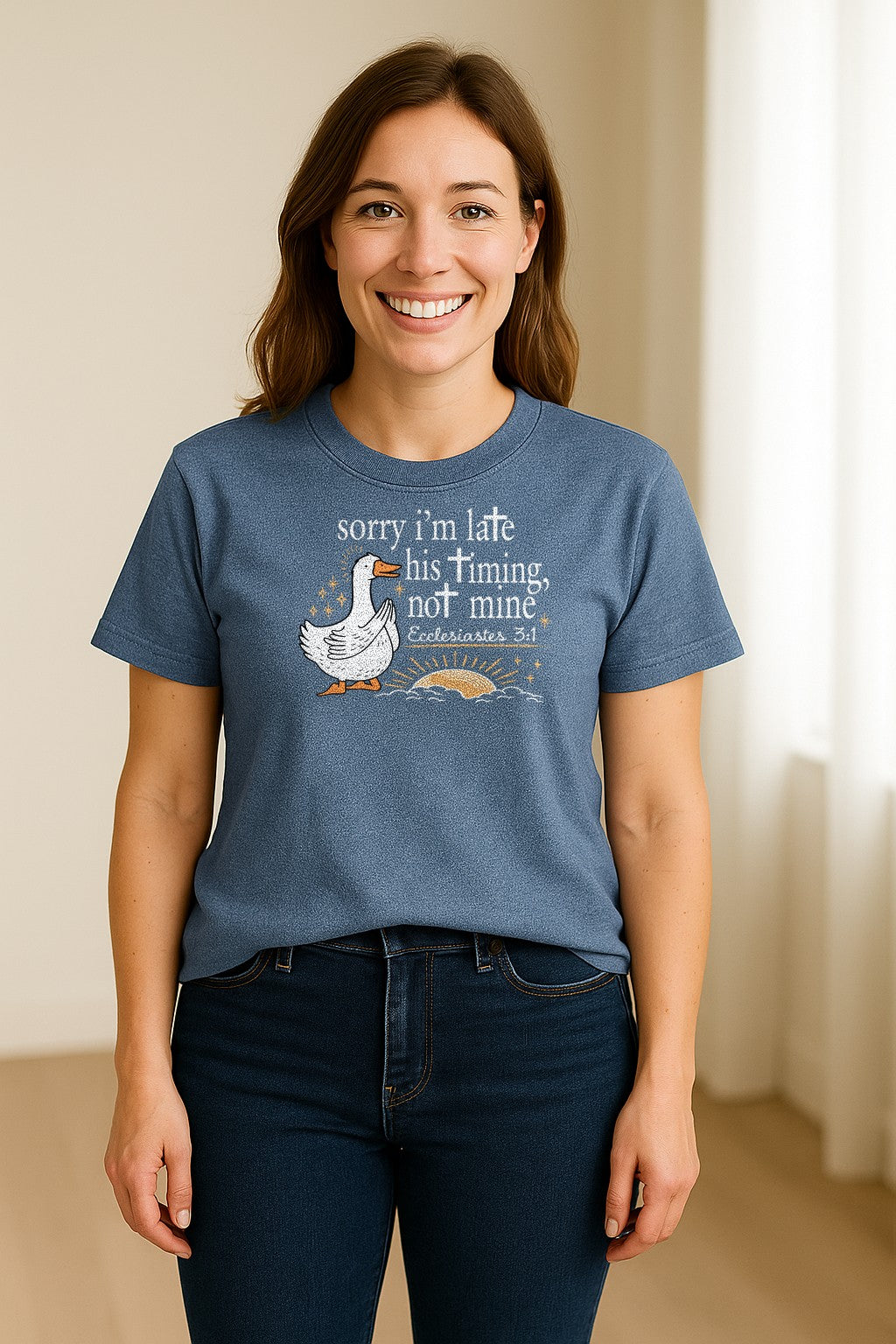 Christian Comfort Colors T-Shirt, Sorry I'm Late His Timing Not Mine Goose with Ecclesiastes 3:1 for Faith Gifts