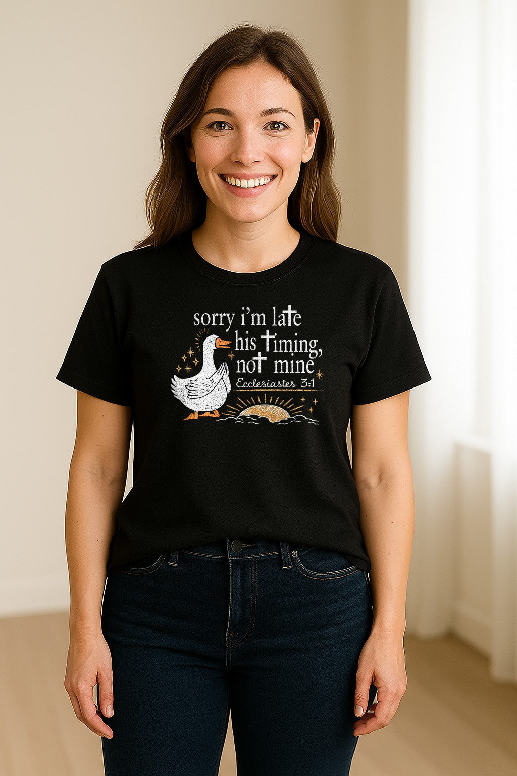 Christian Comfort Colors T-Shirt, Sorry I'm Late His Timing Not Mine Goose with Ecclesiastes 3:1 for Faith Gifts