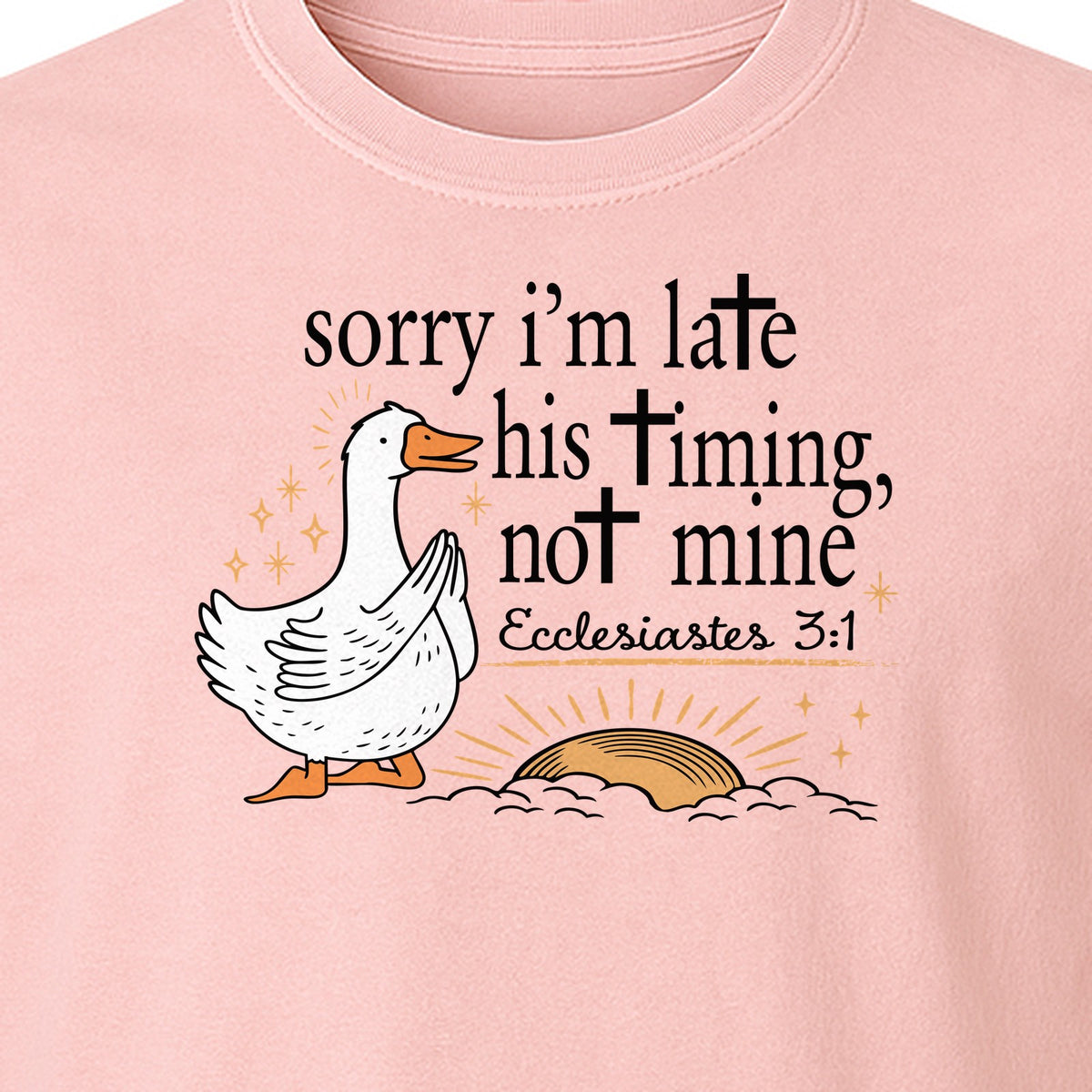 Christian Comfort Colors T-Shirt, Sorry I'm Late His Timing Not Mine Goose with Ecclesiastes 3:1 for Faith Gifts