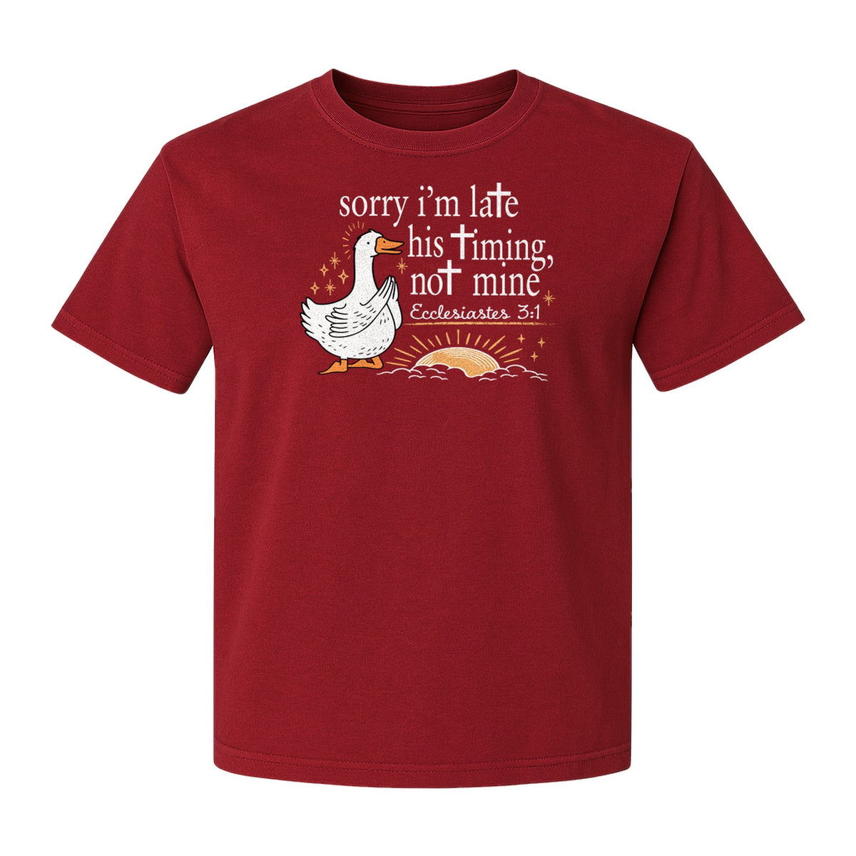 Christian Comfort Colors T-Shirt, Sorry I'm Late His Timing Not Mine Goose with Ecclesiastes 3:1 for Faith Gifts
