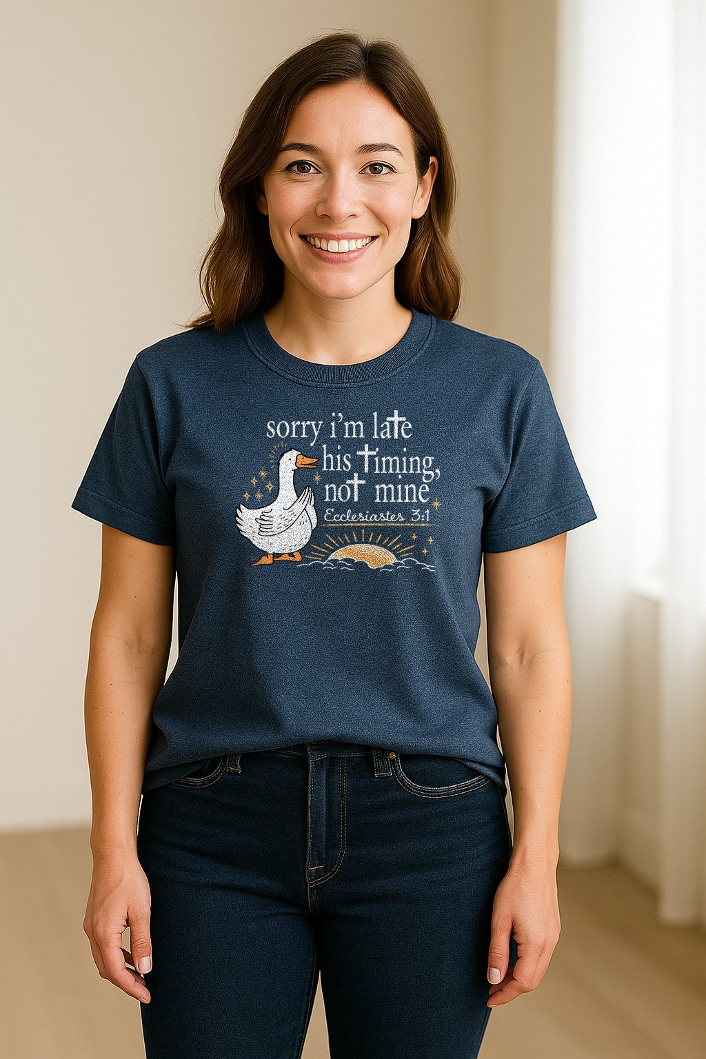 Christian Comfort Colors T-Shirt, Sorry I'm Late His Timing Not Mine Goose with Ecclesiastes 3:1 for Faith Gifts