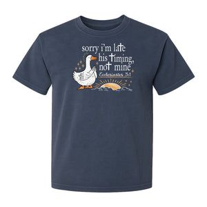 Christian Comfort Colors T-Shirt, Sorry I'm Late His Timing Not Mine Goose with Ecclesiastes 3:1 for Faith Gifts