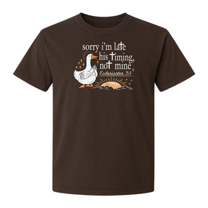 Christian Comfort Colors T-Shirt, Sorry I'm Late His Timing Not Mine Goose with Ecclesiastes 3:1 for Faith Gifts