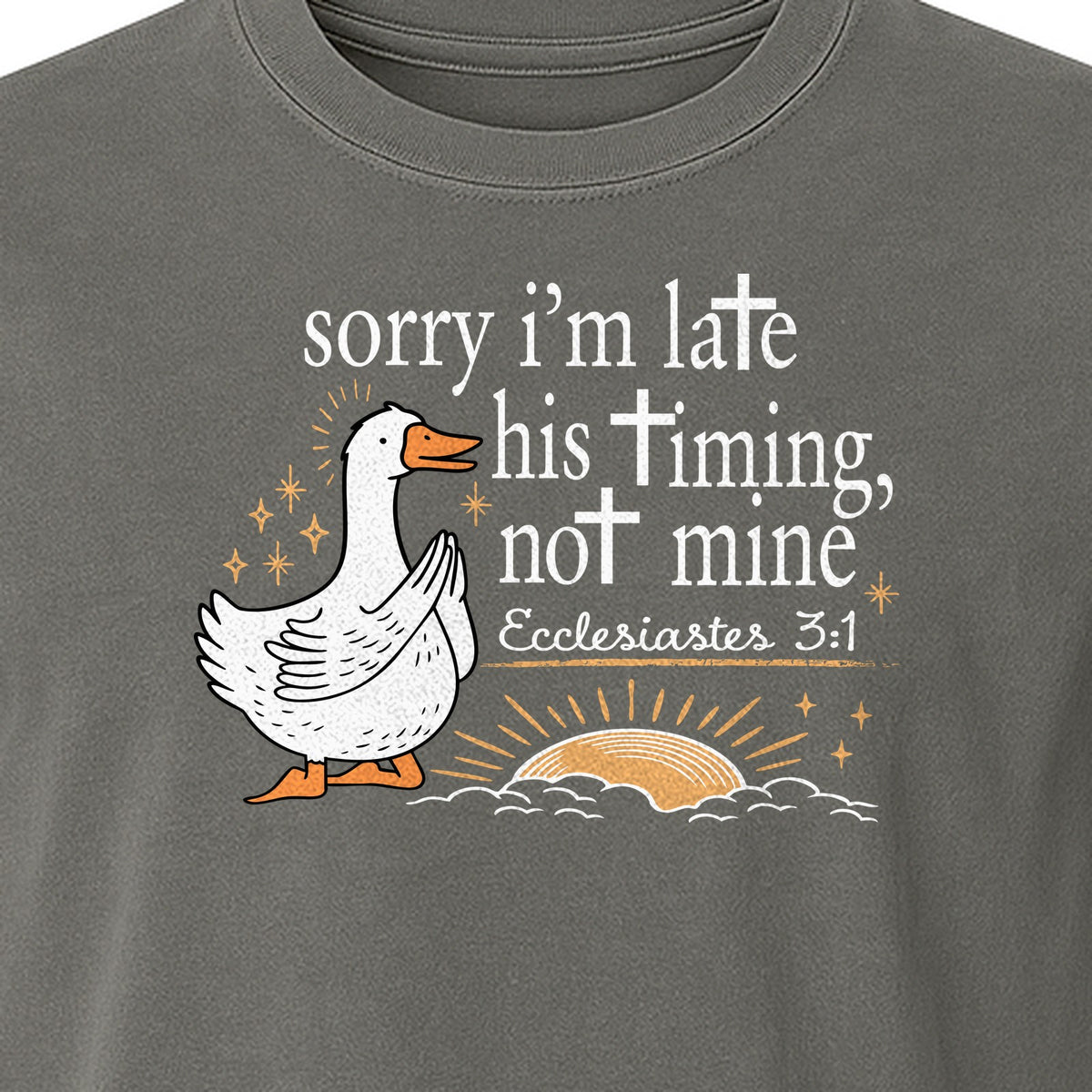 Christian Comfort Colors T-Shirt, Sorry I'm Late His Timing Not Mine Goose with Ecclesiastes 3:1 for Faith Gifts