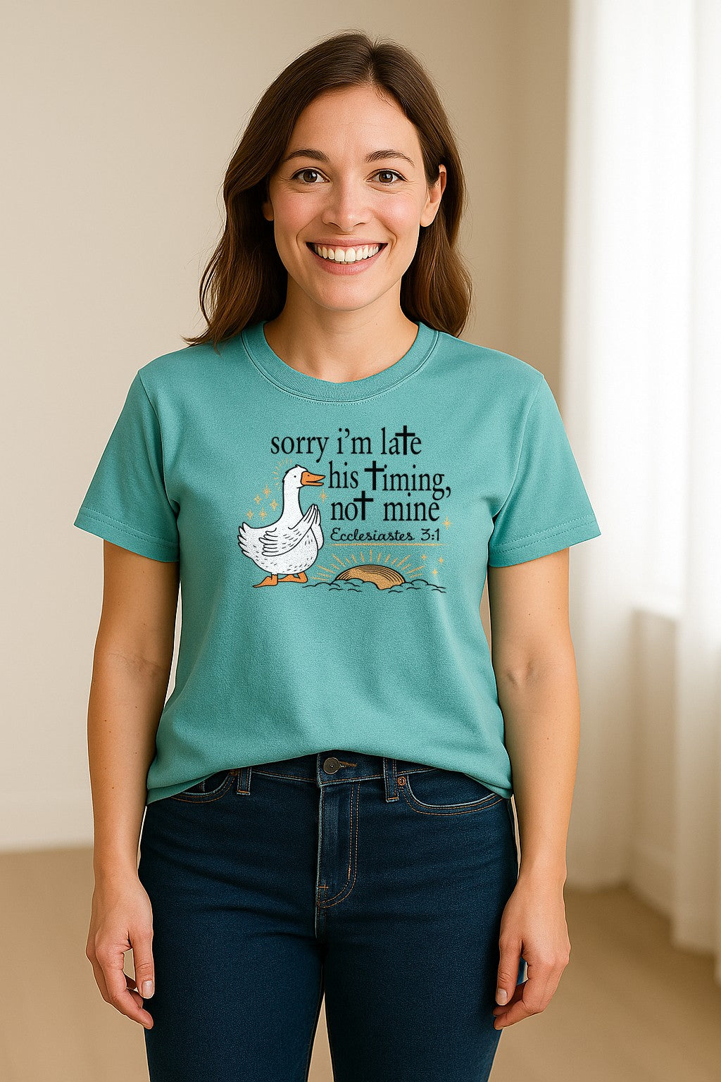 Christian Comfort Colors T-Shirt, Sorry I'm Late His Timing Not Mine Goose with Ecclesiastes 3:1 for Faith Gifts