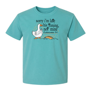 Christian Comfort Colors T-Shirt, Sorry I'm Late His Timing Not Mine Goose with Ecclesiastes 3:1 for Faith Gifts