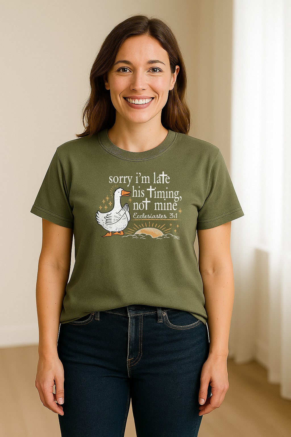 Christian Comfort Colors T-Shirt, Sorry I'm Late His Timing Not Mine Goose with Ecclesiastes 3:1 for Faith Gifts