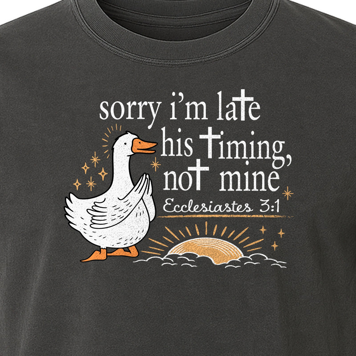 Christian Comfort Colors T-Shirt, Sorry I'm Late His Timing Not Mine Goose with Ecclesiastes 3:1 for Faith Gifts
