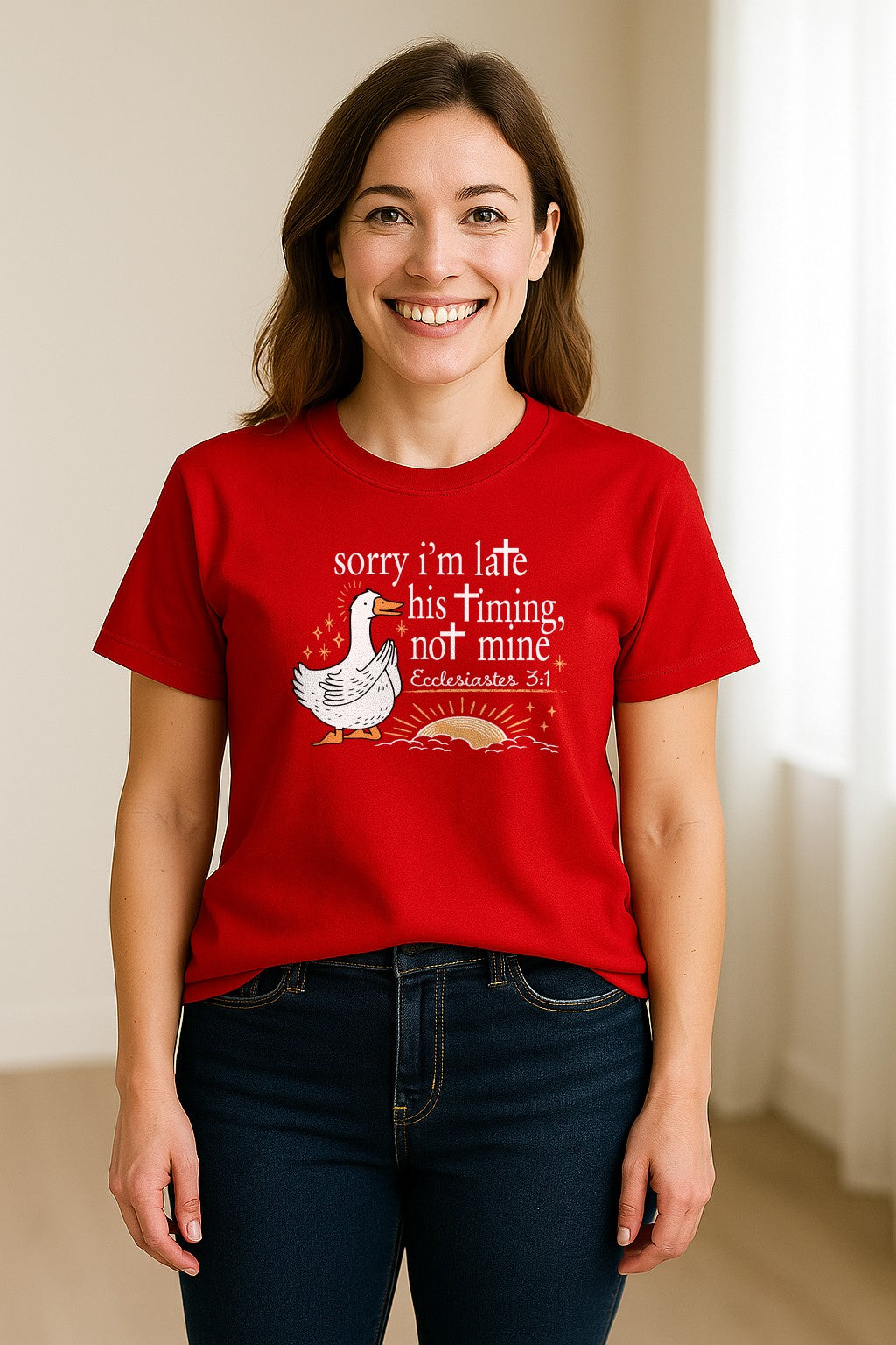 Christian Comfort Colors T-Shirt, Sorry I'm Late His Timing Not Mine Goose with Ecclesiastes 3:1 for Faith Gifts