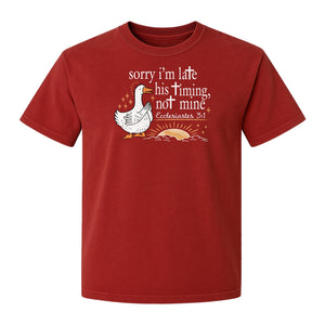 Christian Comfort Colors T-Shirt, Sorry I'm Late His Timing Not Mine Goose with Ecclesiastes 3:1 for Faith Gifts