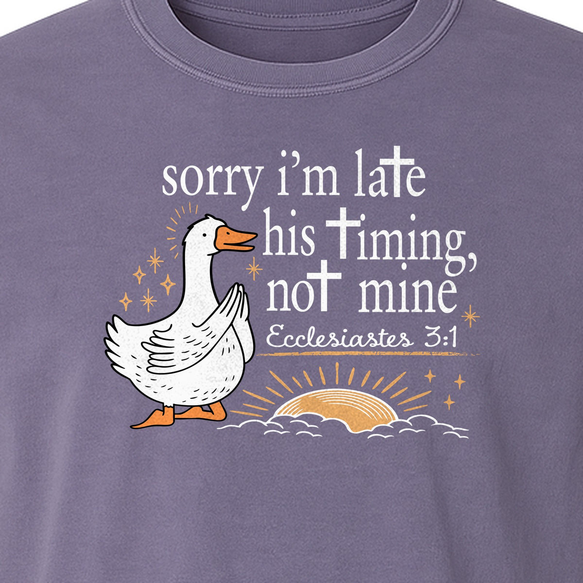 Christian Comfort Colors T-Shirt, Sorry I'm Late His Timing Not Mine Goose with Ecclesiastes 3:1 for Faith Gifts