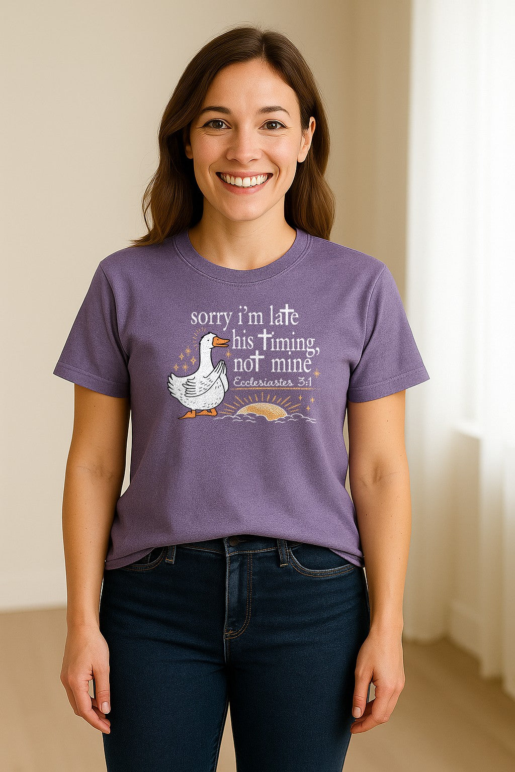 Christian Comfort Colors T-Shirt, Sorry I'm Late His Timing Not Mine Goose with Ecclesiastes 3:1 for Faith Gifts