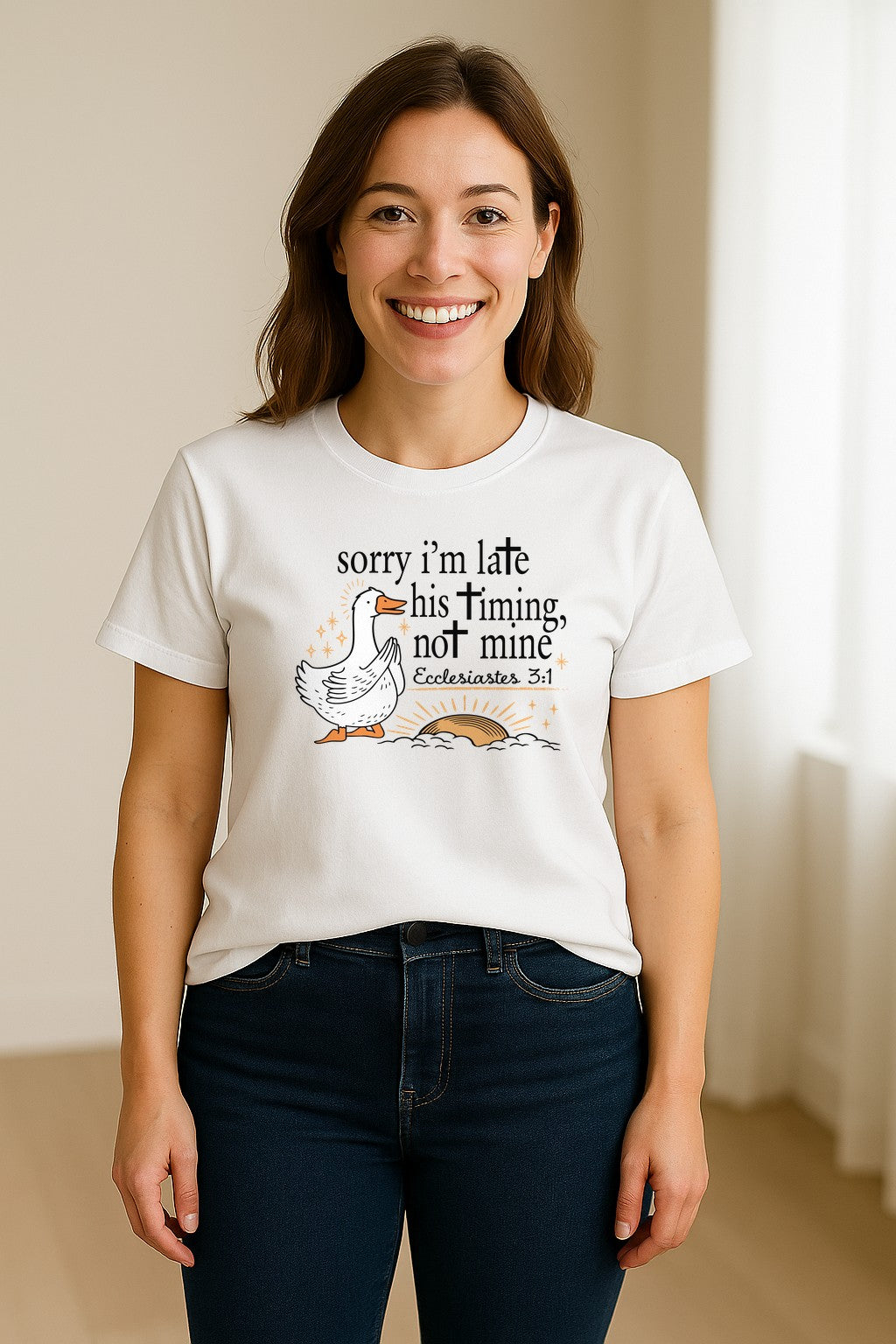 Christian Comfort Colors T-Shirt, Sorry I'm Late His Timing Not Mine Goose with Ecclesiastes 3:1 for Faith Gifts
