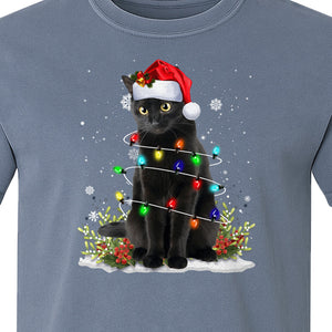 Black Cat Christmas Comfort Colors T-Shirt, Santa Hat and Colorful String Lights Design for Kitty Lovers