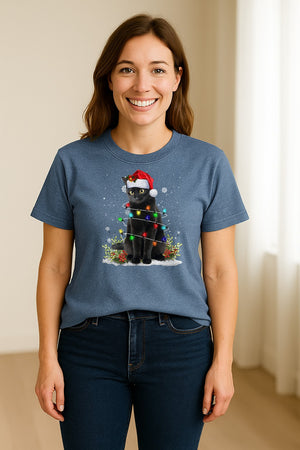 Black Cat Christmas Comfort Colors T-Shirt, Santa Hat and Colorful String Lights Design for Kitty Lovers