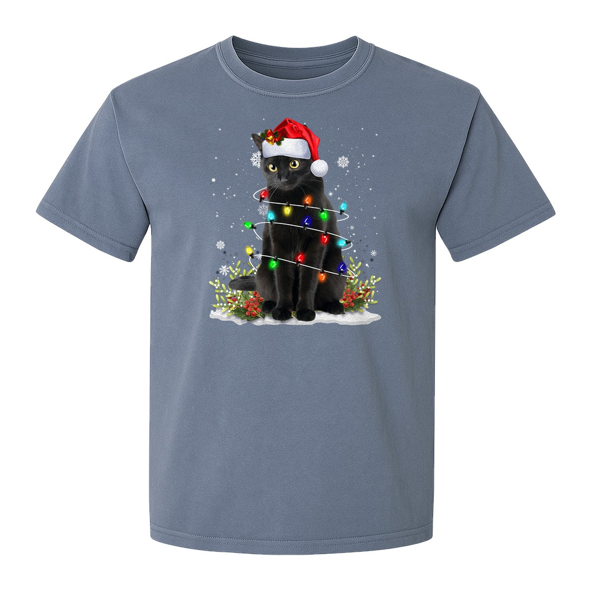 Black Cat Christmas Comfort Colors T-Shirt, Santa Hat and Colorful String Lights Design for Kitty Lovers