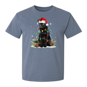 Black Cat Christmas Comfort Colors T-Shirt, Santa Hat and Colorful String Lights Design for Kitty Lovers