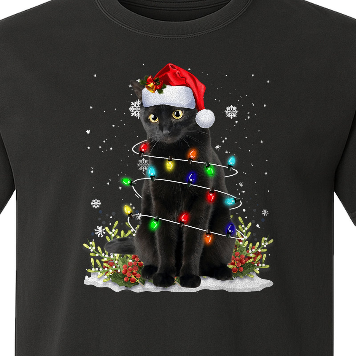 Black Cat Christmas Comfort Colors T-Shirt, Santa Hat and Colorful String Lights Design for Kitty Lovers
