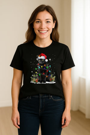 Black Cat Christmas Comfort Colors T-Shirt, Santa Hat and Colorful String Lights Design for Kitty Lovers