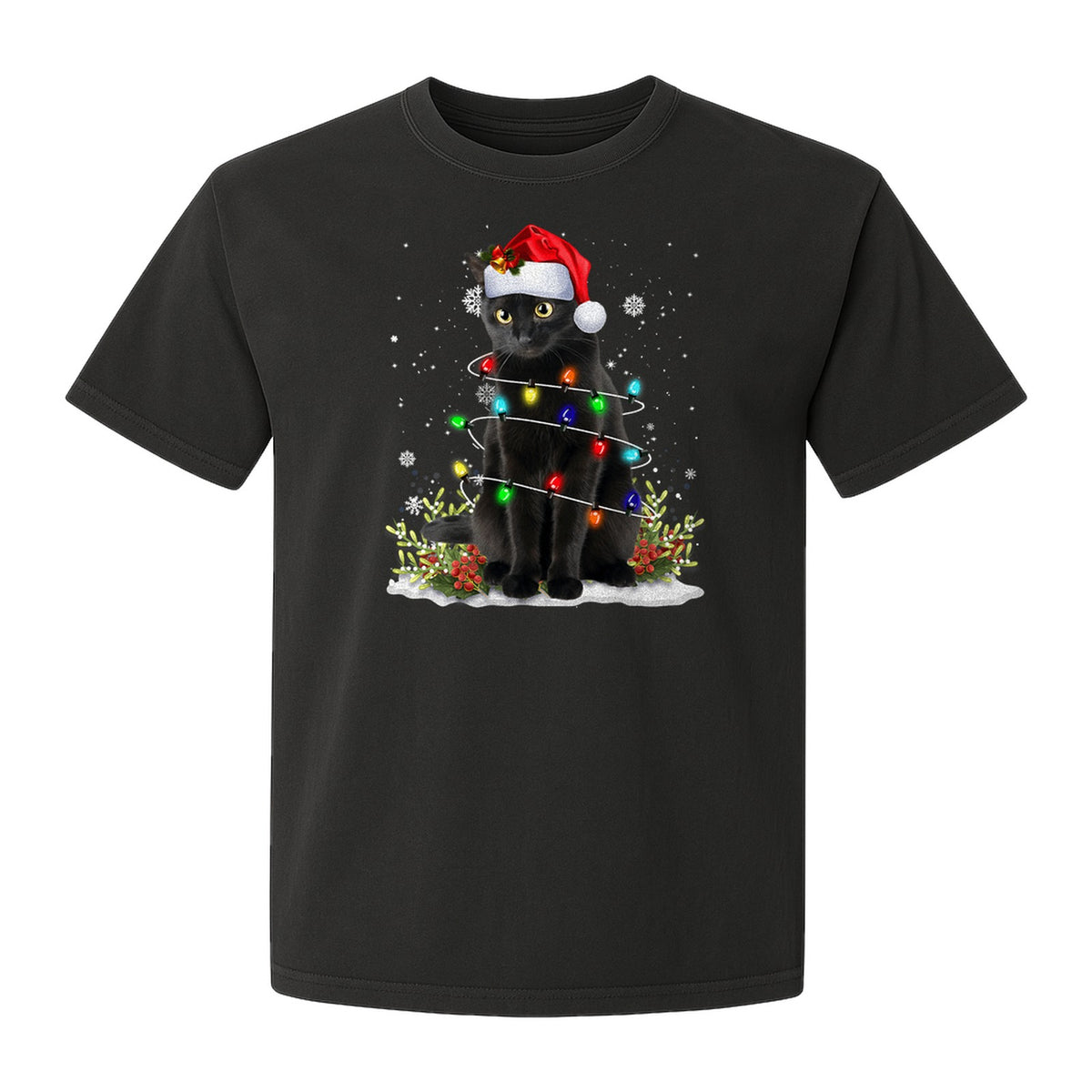 Black Cat Christmas Comfort Colors T-Shirt, Santa Hat and Colorful String Lights Design for Kitty Lovers