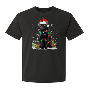 Black Cat Christmas Comfort Colors T-Shirt, Santa Hat and Colorful String Lights Design for Kitty Lovers