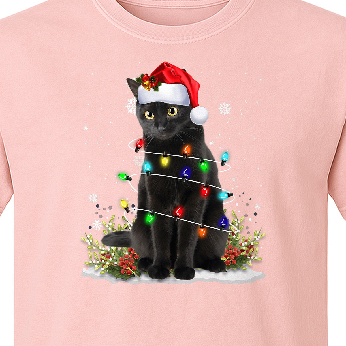 Black Cat Christmas Comfort Colors T-Shirt, Santa Hat and Colorful String Lights Design for Kitty Lovers