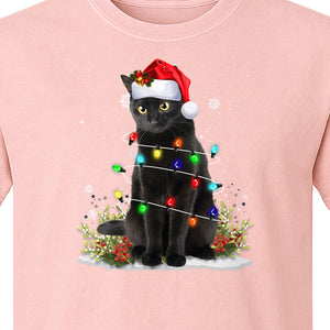 Black Cat Christmas Comfort Colors T-Shirt, Santa Hat and Colorful String Lights Design for Kitty Lovers