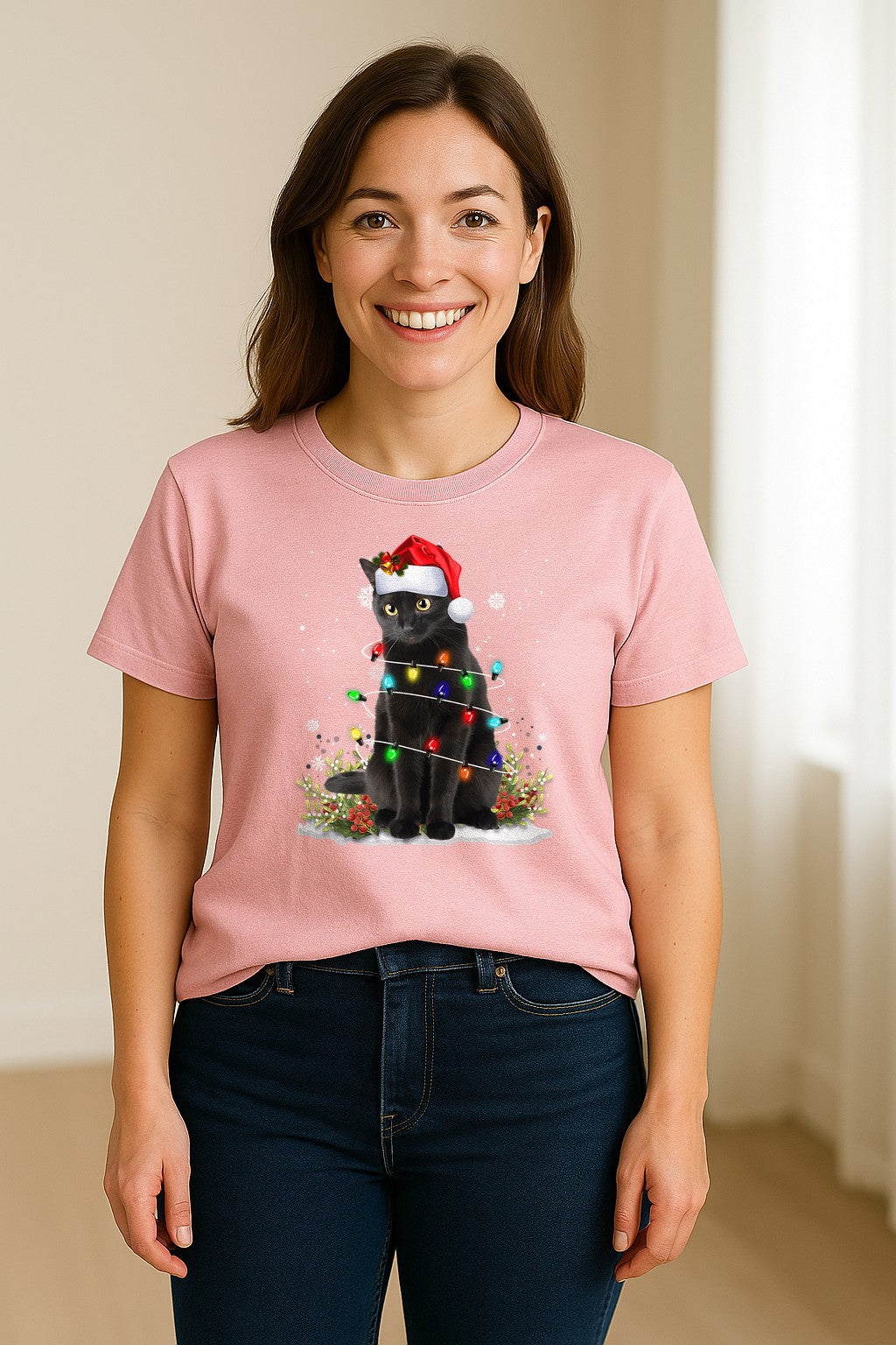 Black Cat Christmas Comfort Colors T-Shirt, Santa Hat and Colorful String Lights Design for Kitty Lovers