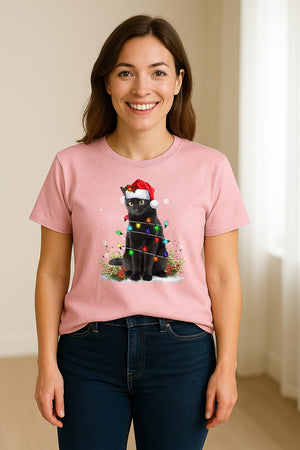 Black Cat Christmas Comfort Colors T-Shirt, Santa Hat and Colorful String Lights Design for Kitty Lovers