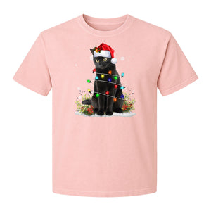 Black Cat Christmas Comfort Colors T-Shirt, Santa Hat and Colorful String Lights Design for Kitty Lovers