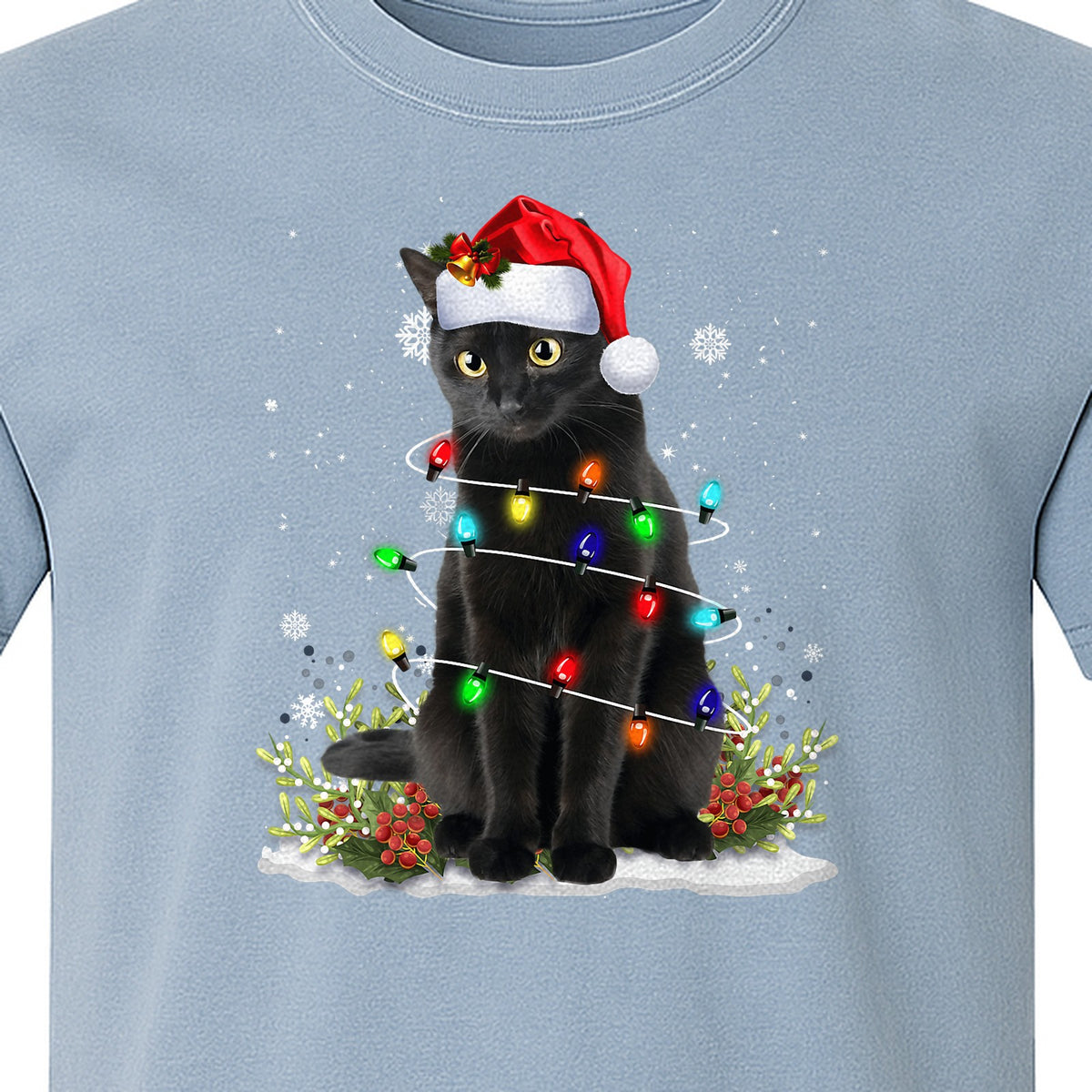Black Cat Christmas Comfort Colors T-Shirt, Santa Hat and Colorful String Lights Design for Kitty Lovers