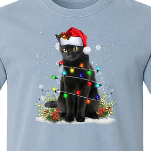 Black Cat Christmas Comfort Colors T-Shirt, Santa Hat and Colorful String Lights Design for Kitty Lovers