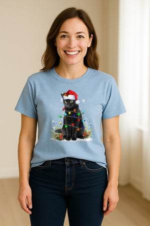Black Cat Christmas Comfort Colors T-Shirt, Santa Hat and Colorful String Lights Design for Kitty Lovers