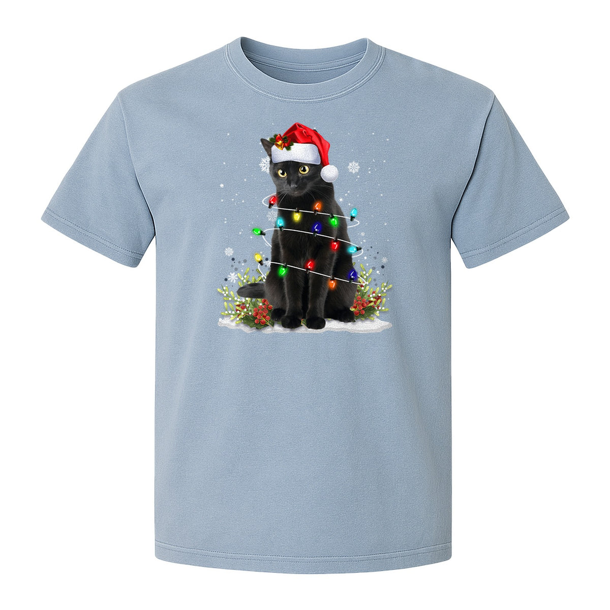 Black Cat Christmas Comfort Colors T-Shirt, Santa Hat and Colorful String Lights Design for Kitty Lovers