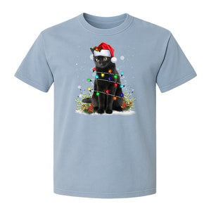 Black Cat Christmas Comfort Colors T-Shirt, Santa Hat and Colorful String Lights Design for Kitty Lovers