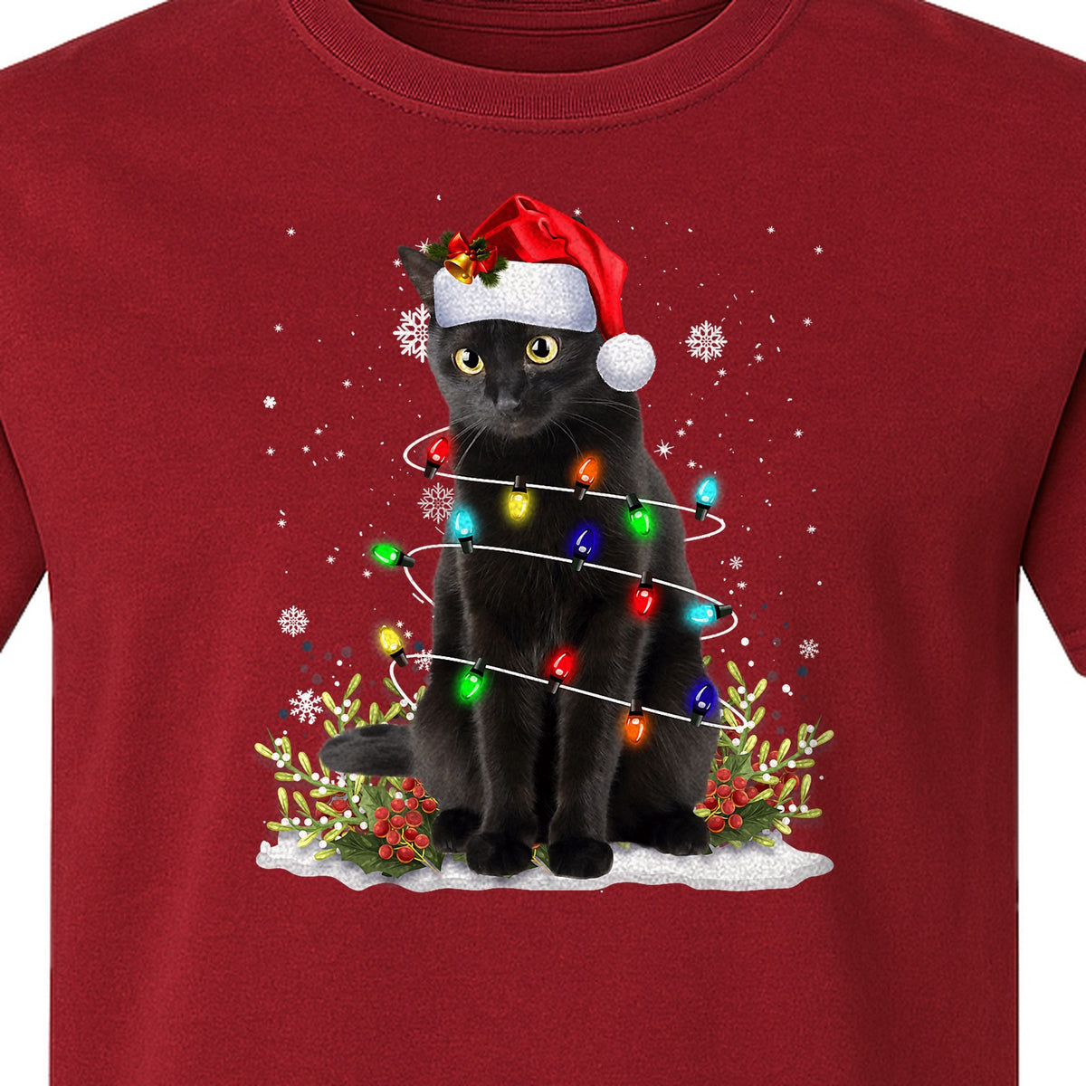 Black Cat Christmas Comfort Colors T-Shirt, Santa Hat and Colorful String Lights Design for Kitty Lovers