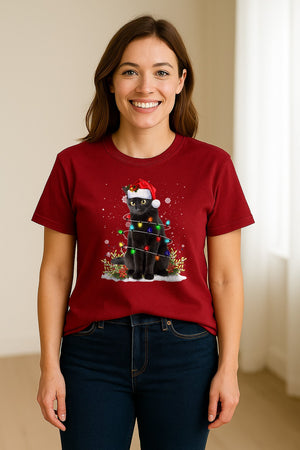 Black Cat Christmas Comfort Colors T-Shirt, Santa Hat and Colorful String Lights Design for Kitty Lovers
