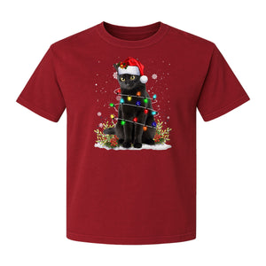 Black Cat Christmas Comfort Colors T-Shirt, Santa Hat and Colorful String Lights Design for Kitty Lovers
