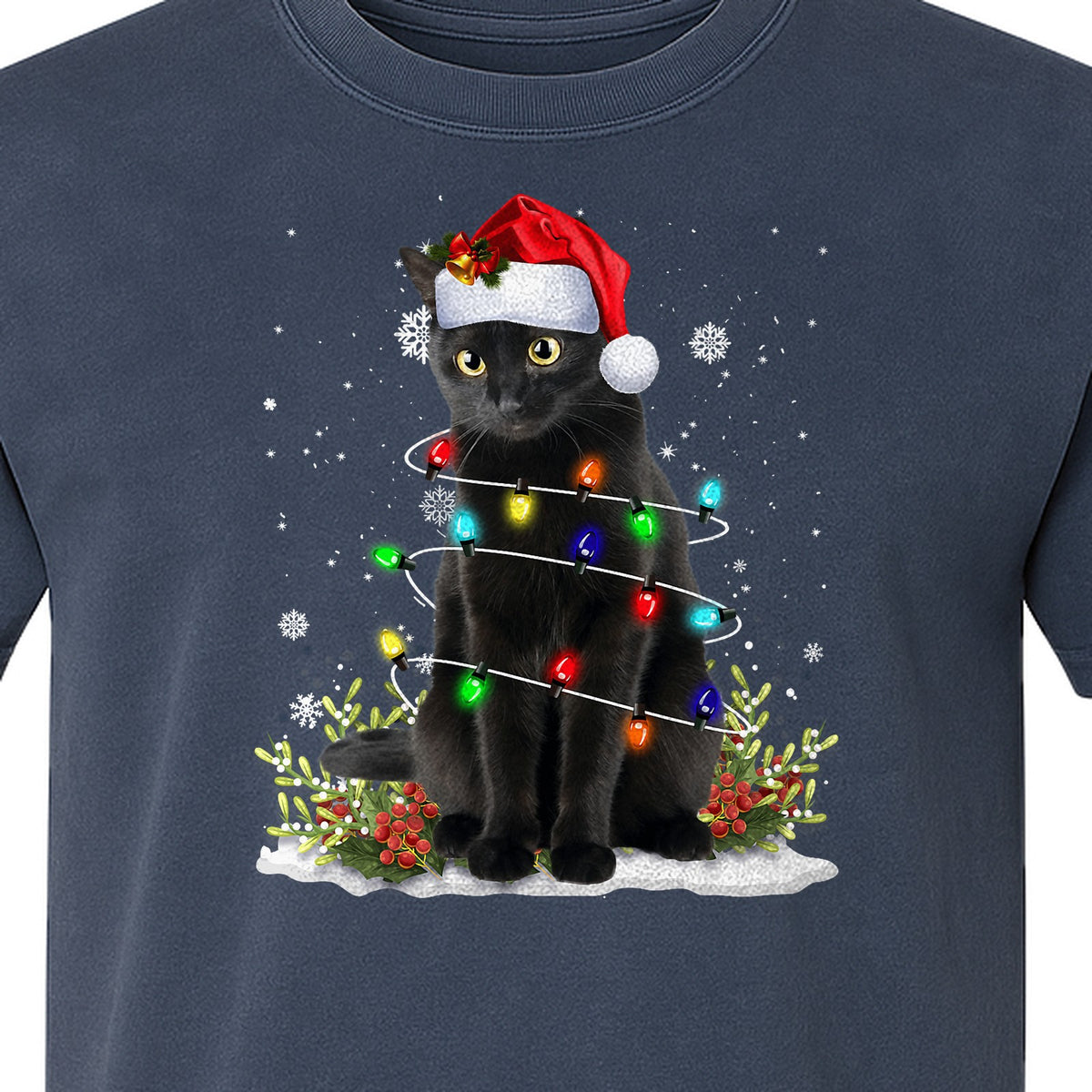 Black Cat Christmas Comfort Colors T-Shirt, Santa Hat and Colorful String Lights Design for Kitty Lovers