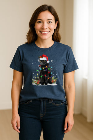 Black Cat Christmas Comfort Colors T-Shirt, Santa Hat and Colorful String Lights Design for Kitty Lovers